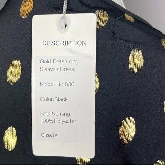 Black & Gold Polka Dot Wrap Dress 1X – Long Sleeve Party Dress Red Dot Boutique - Picture 9 of 13